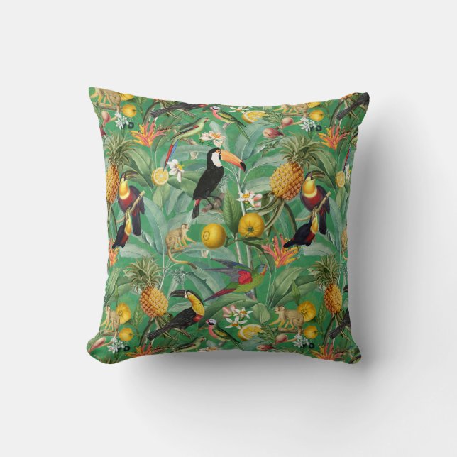 Coussin Jungle Tropicale Avec Oiseaux Toucans Et Fleurs Th (Recto)