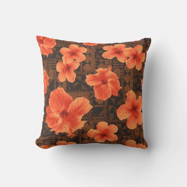 Coussin Kalalau Tapa Hibiscus hawaïen tropical extérieur (Recto)
