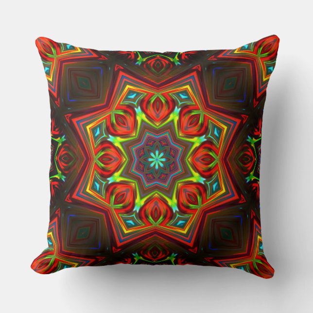 Coussin Kaléidoscope étoilé jaune rouge (Recto)