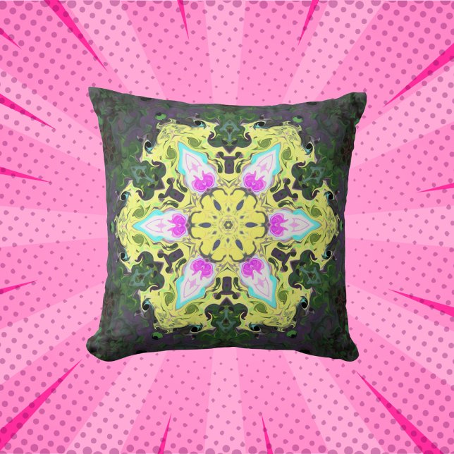 Coussin Kaleidoscope psychédélique Fleur Jaune et rose (Créateur téléchargé)