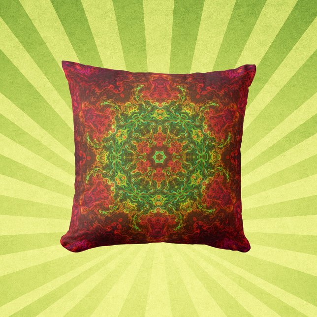 Coussin Kaleidoscope psychédélique Fleur vert et rouge (Créateur téléchargé)