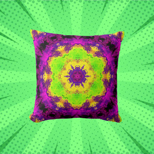 Coussin Kaleidoscope psychédélique vert jaune et violet