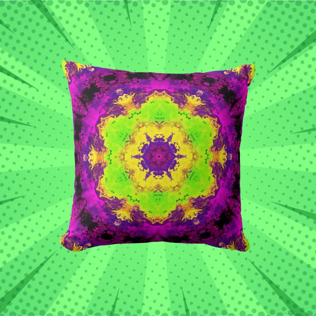 Coussin Kaleidoscope psychédélique vert jaune et violet (Créateur téléchargé)