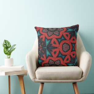 Coussin Kaleidoscope rouge et bleu Mandala motifs floraux