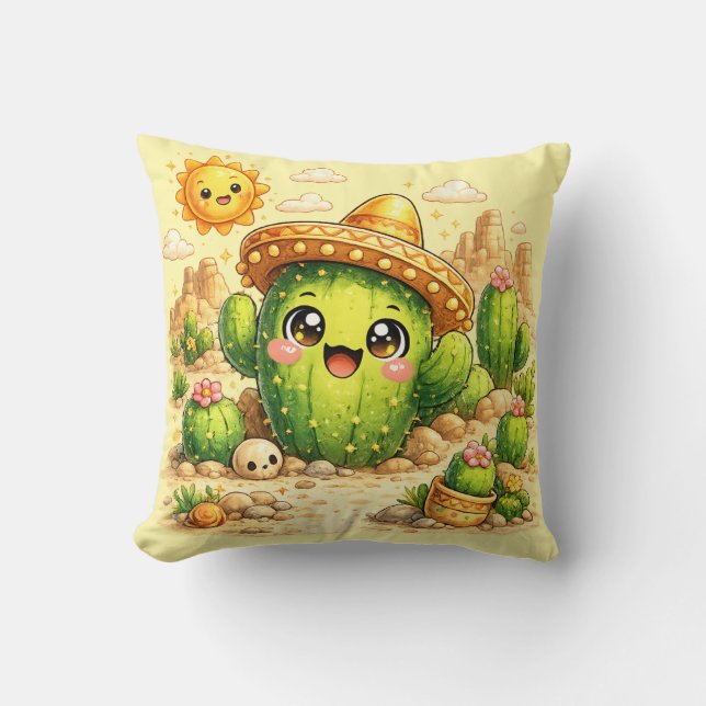 Coussin Kawaii Cactus Mignon et Heureux (Recto)