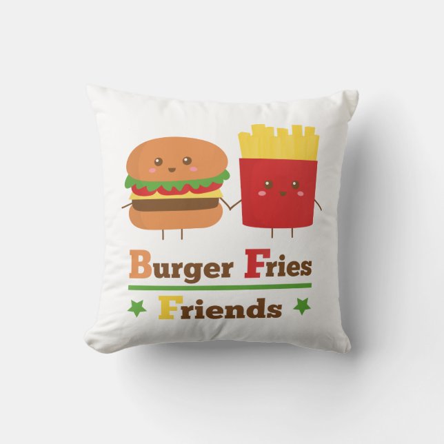 Coussin Kawaii Cartoon Burger Frites Amis BFF (Recto)
