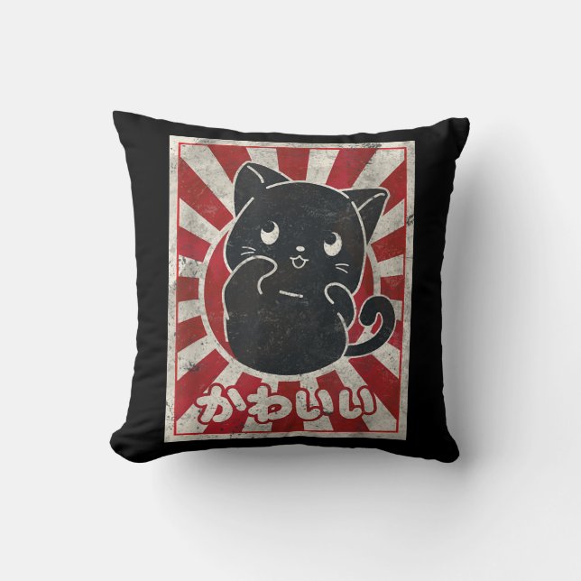 Coussin Kawaii Chat Japonais Anime Noir Amoureux des chats (Recto)