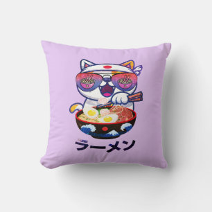 Coussin Kawaii Chat Manger Ramen - Jolies nouilles japonai