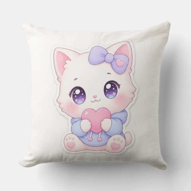 Coussin Kawaii Chaton Blanc Cœur & Nœud Violet (Recto)