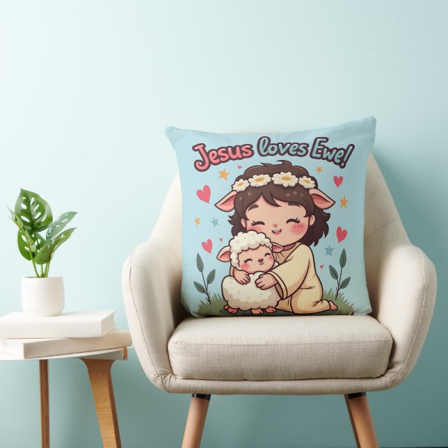 Coussin Kawaii Christian "Jesus aime Ewe" Pastel Design (Chaise)