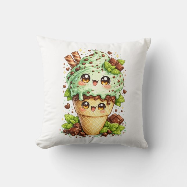 Coussin Kawaii Cône de Glace à la Menthe et aux Pé (Recto)