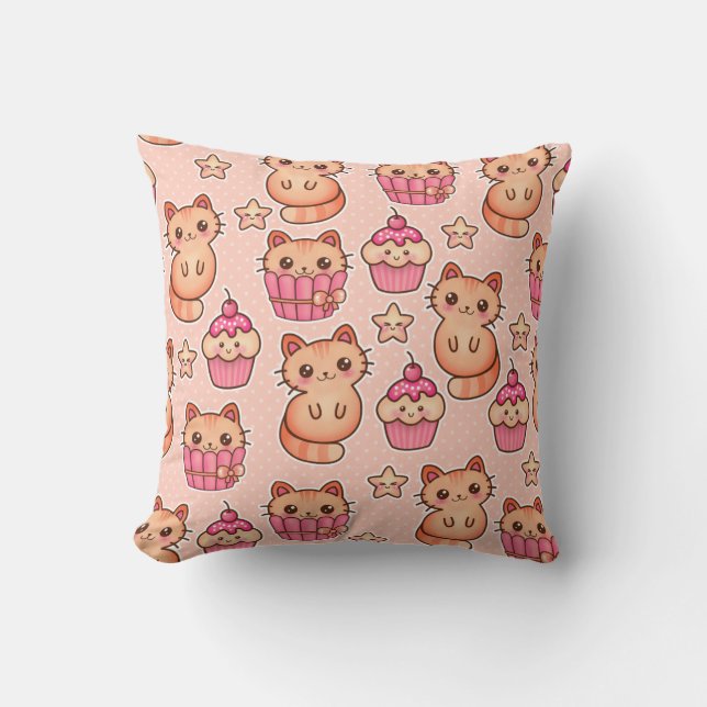 Coussin Kawaii Cute Cats and Cupcakes Motif rose (Recto)
