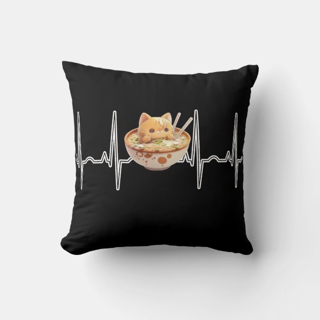 Coussin Kawaii Cute Kitten Ramen EKG Heartbeat Otaku Anime (Recto)