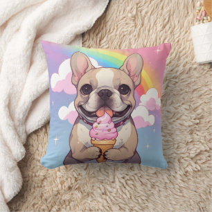 Coussin Kawaii French Bulldog Crème glacée Arc-en-ciel