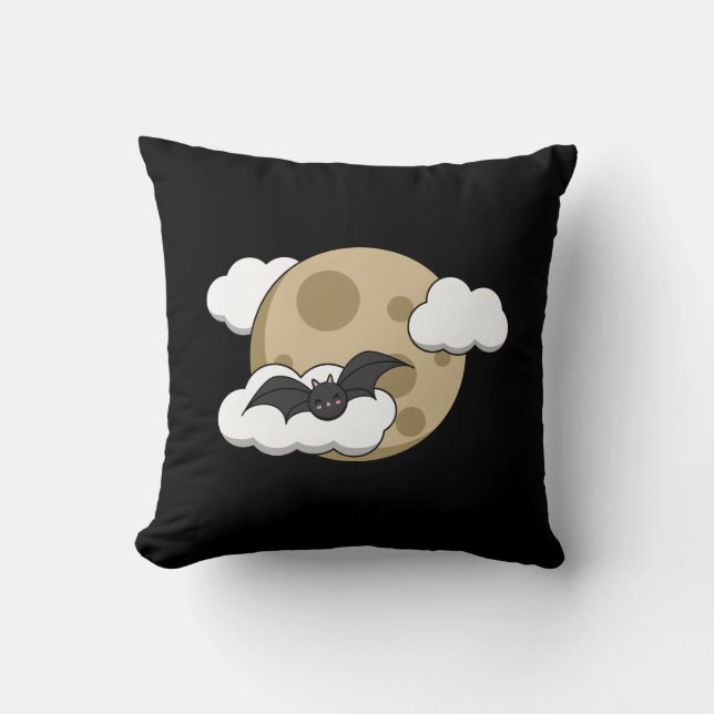 Coussin Kawaii Happy Bat Flying on Full Moon (Recto)