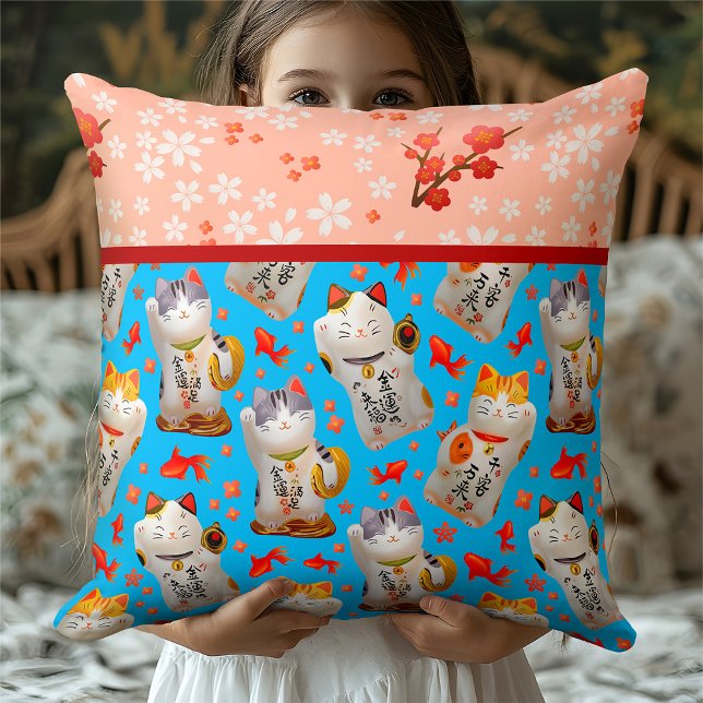 Coussin Kawaii Maneki Neko | Style Floral Kimono Bleu (Créateur téléchargé)