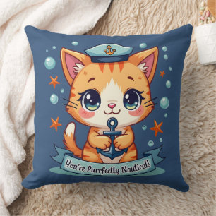 Coussin Kawaii Nautical Cat Ancre Pun