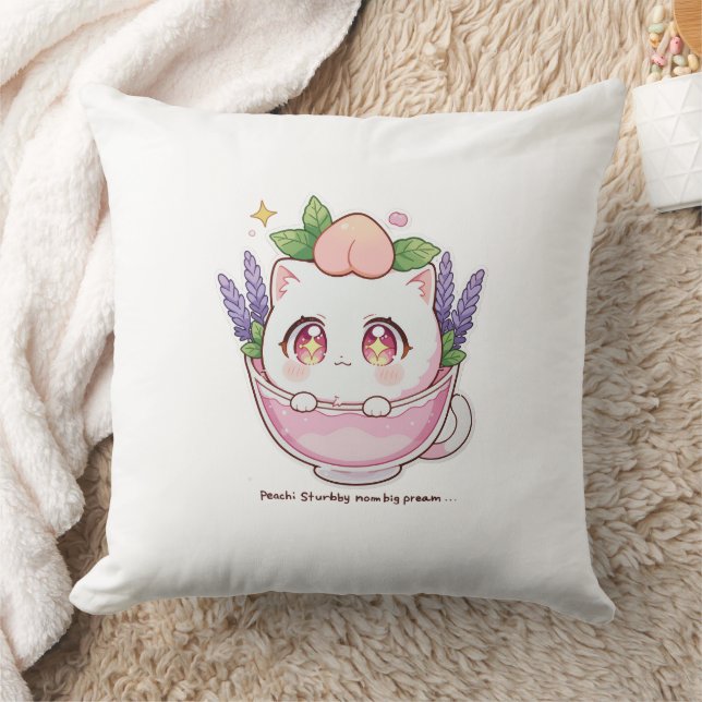 Coussin Kawaii Peach Chat en Lavender Teacup Lavender Lave (Couverture)