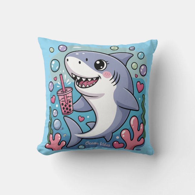 Coussin Kawaii Shark Boba Tea Ocean Vibes (Recto)