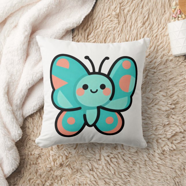 Coussin Kawaii Teal Butterfly Happy Face Cartoon Art (Couverture)