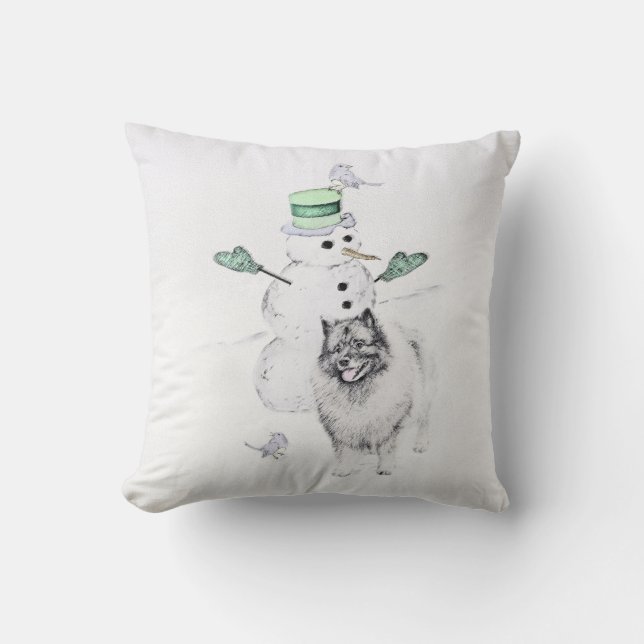 Coussin Keeshond Noël Snowman Peinture Chien Art (Recto)