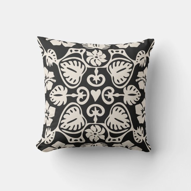 Coussin Keoni Hawaiian Monstera Feuille Damas noir (Recto)