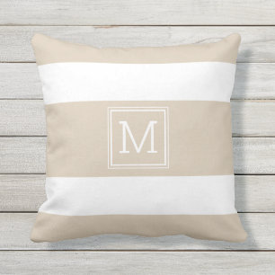 Coussin Khaki Tan et White Stripes Simple Monogramme Perso