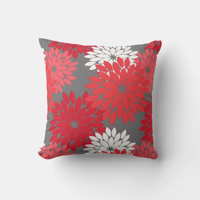 Coussin Kimono floral moderne Imprimer, Coral rouge et gri (Recto)