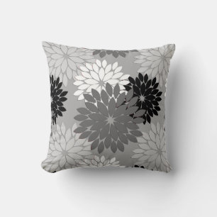 Coussin Kimono floral moderne Imprimer, gris, noir et blan