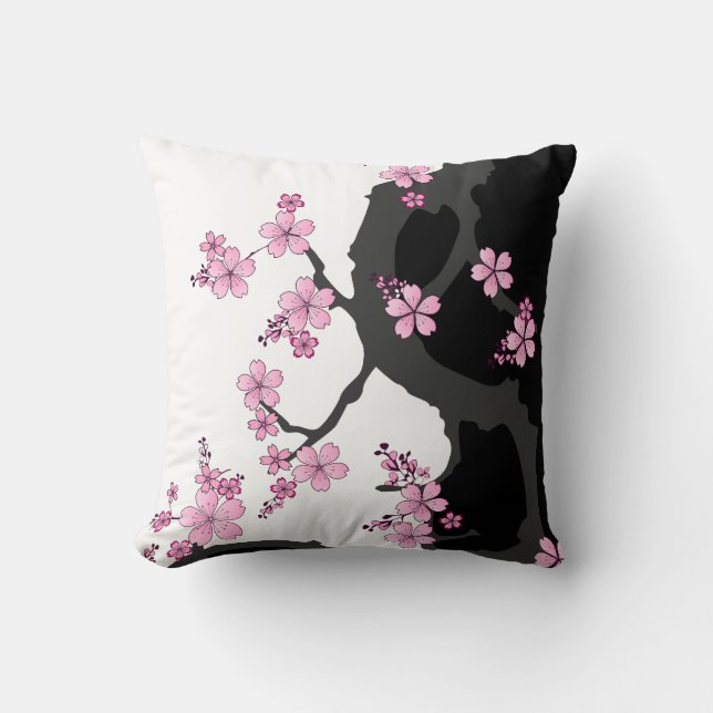 Coussin Kimono japonais Sakura noir et blanc (Recto)