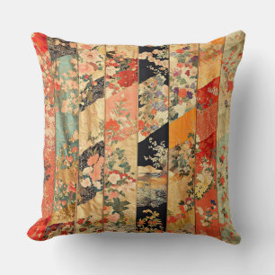 Coussin Kimono vintage orange et noir à fleurs en patchwor
