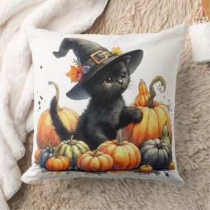 Coussin Kitten d'Halloween noir avec Citrouilles et Casque
