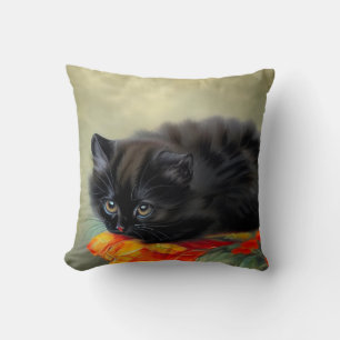 Coussin Kitten noir vintage avec couverture de fleurs roug
