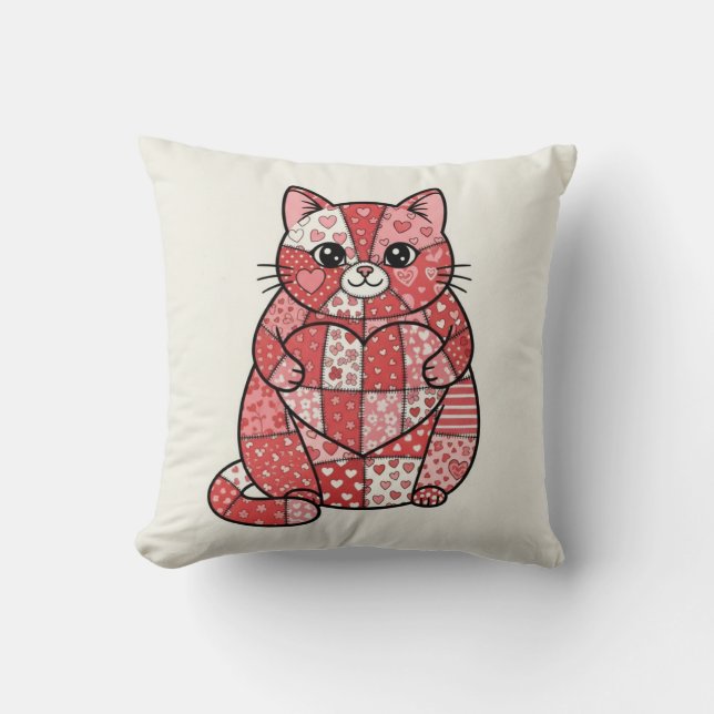 Coussin Kitten Patchwork Fantaisiste Tenant un Cœur d'Art (Recto)
