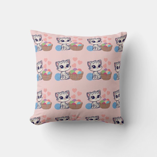 Coussin Kitten & Yarn Throw Pillow (Recto)