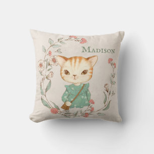 Coussin Kitty Chat Floral Nom personnalisé Fille