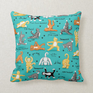 Coussin Kitty Chat Yoga Poses Turquoise bleu jaune Whimsy