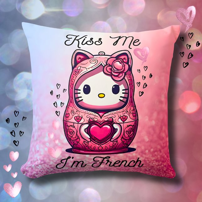 Coussin Kitty doll Kiss me I’m French pink glitter (FRONT - Coussin Kitty doll Kiss me I’m French pink glitter )