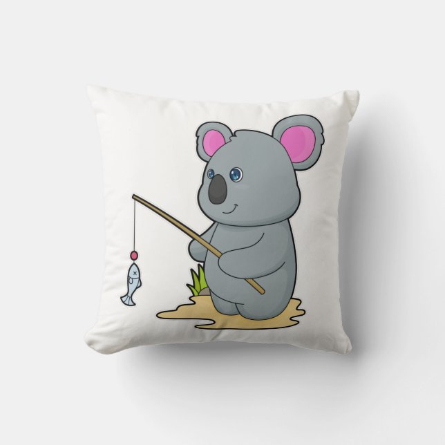 Coussin Koala en pêcheur avec canne à pêche et poisson (Recto)
