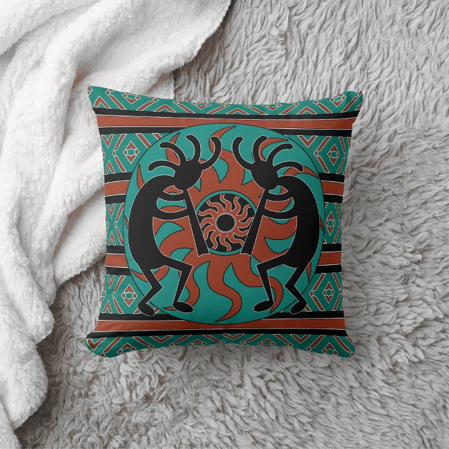 Coussin Kokopelli Sud-Ouest Turquoise Décoratif (Créateur téléchargé)