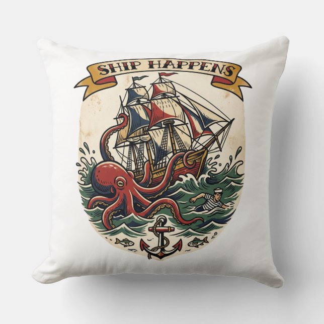 Coussin Kraken Pirate Tatouage Flash Drôle Nautique (Recto)