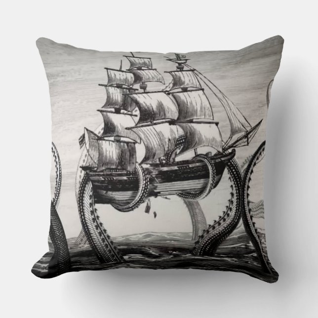 Coussin Kraken/poulpe Eatting un bateau de pirate, (Recto)
