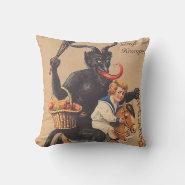 Coussin Krampus montant un cheval à bascule avec un garçon (Recto)