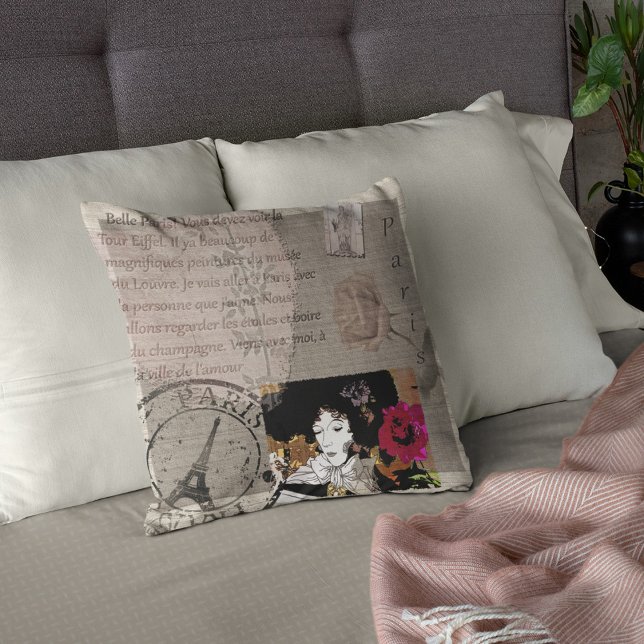 Coussin La Dame de Paris avec collage Casquette rose (Créateur téléchargé)