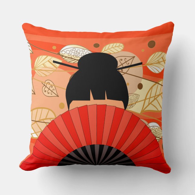 Coussin La Dame et le fan d'Asie avec les feuilles d'autom (Recto)