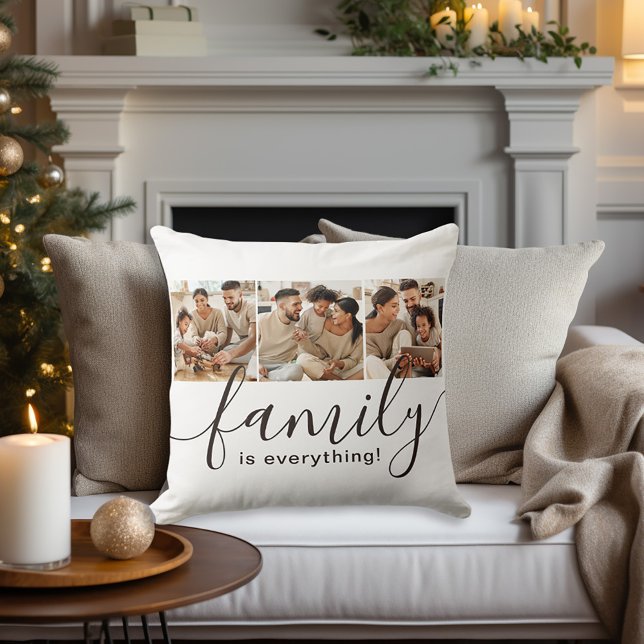 Coussin La famille est tout 3 Photo Collage blanc (Personalize with 3 favorite family photos.)
