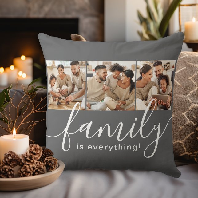 Coussin La famille est tout 3 Photo Collage Gris (Personalize with 3 of your favorite family photos!)