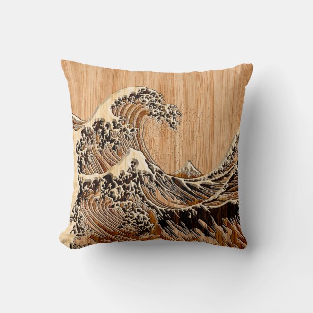 Coussin La Grande Vague Hokusai Style Bamboo Bois (Recto)