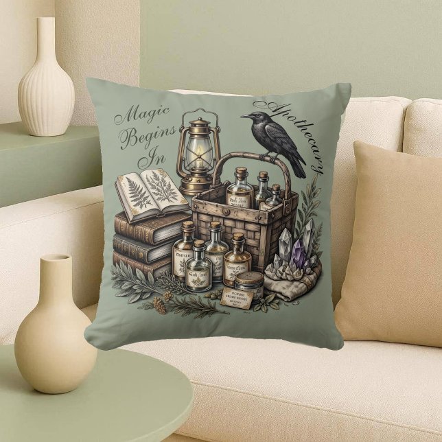 Coussin La magie commence dans l'art de raven Dark Academi (Magic Begins in Apothecary Dark Academia Raven Art Throw Pillow)
