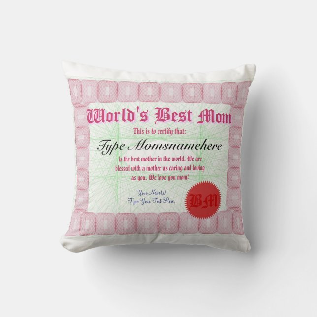 Coussin La meilleure récompense de certificat de la maman (Recto)
